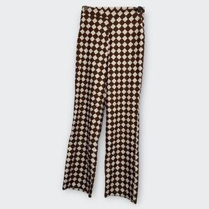 Brown White Checkered Diamond Print Flare Pants XS Side Zip Y2K Retro Festival